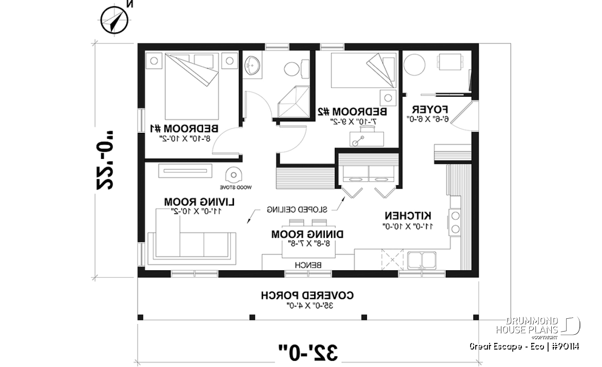 1st level - Budget-friendly and eco-friendly cabin house plan with panoramic view and 2 bedrooms - Great Escape - Eco