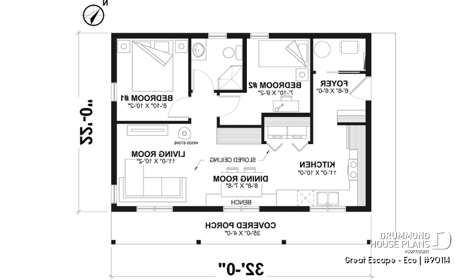 1st level - Budget-friendly and eco-friendly cabin house plan with panoramic view and 2 bedrooms - Great Escape - Eco