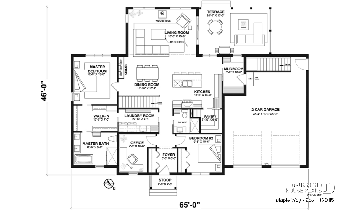 1st level - Eco-friendly Farmhouse plan, 2 to 5 beds, home office, 2-car garage, optional finished basement ($) - Maple Way - Eco