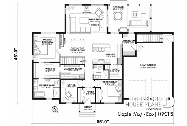 1st level - Eco-friendly Farmhouse plan, 2 to 5 beds, home office, 2-car garage, optional finished basement ($) - Maple Way - Eco