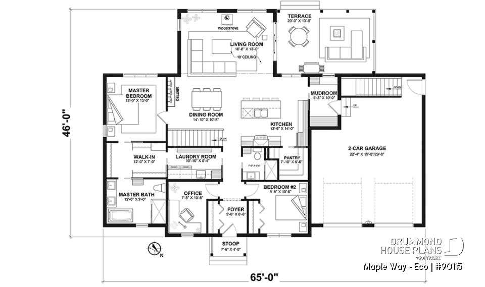 1st level - Eco-friendly Farmhouse plan, 2 to 5 beds, home office, 2-car garage, optional finished basement ($) - Maple Way - Eco