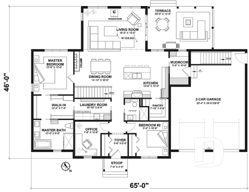 1st level - Eco-friendly Farmhouse plan, 2 to 5 beds, home office, 2-car garage, optional finished basement ($) - Maple Way - Eco