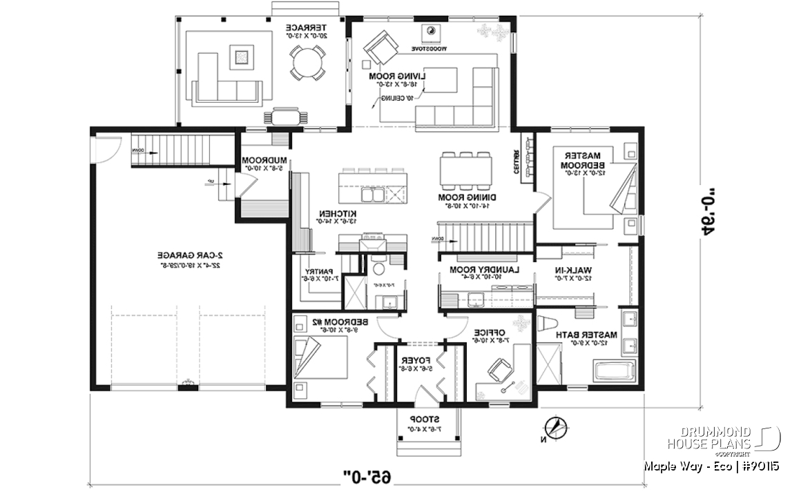 1st level - Eco-friendly Farmhouse plan, 2 to 5 beds, home office, 2-car garage, optional finished basement ($) - Maple Way - Eco
