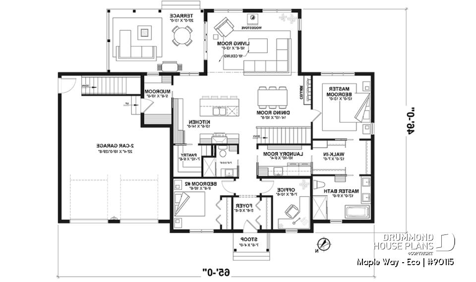 1st level - Eco-friendly Farmhouse plan, 2 to 5 beds, home office, 2-car garage, optional finished basement ($) - Maple Way - Eco