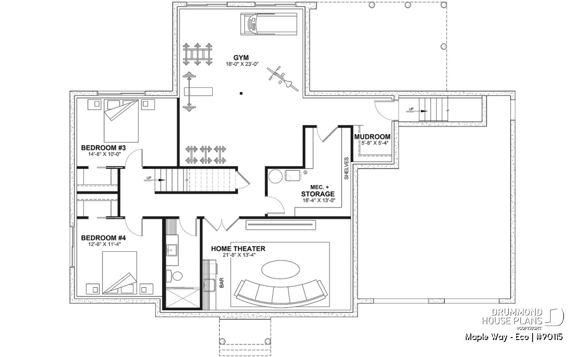 Finished basement (Optional $) - Eco-friendly Farmhouse plan, 2 to 5 beds, home office, 2-car garage, optional finished basement ($) - Maple Way - Eco