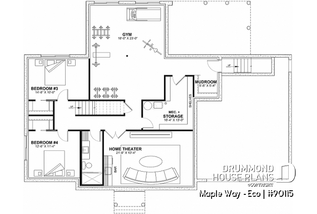Finished basement (Optional $) - Eco-friendly Farmhouse plan, 2 to 5 beds, home office, 2-car garage, optional finished basement ($) - Maple Way - Eco
