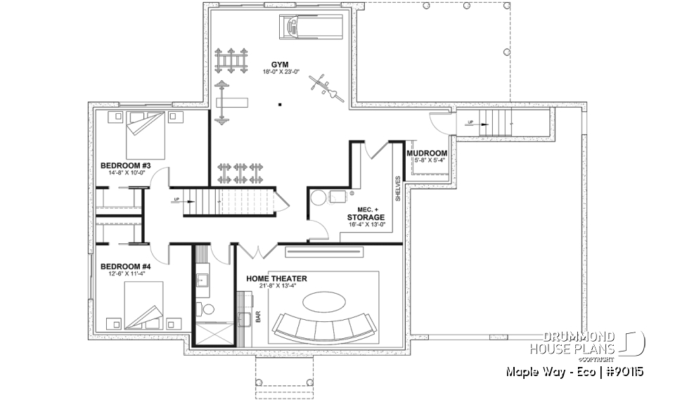 Finished basement (Optional $) - Eco-friendly Farmhouse plan, 2 to 5 beds, home office, 2-car garage, optional finished basement ($) - Maple Way - Eco