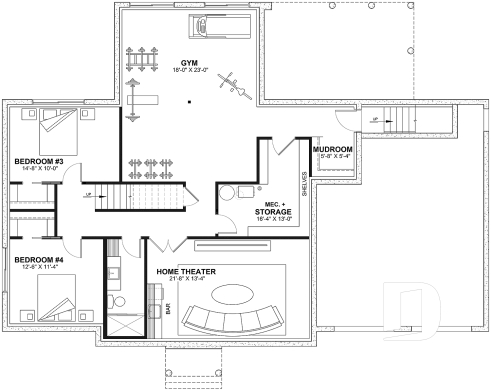 Finished basement (Optional $) - Eco-friendly Farmhouse plan, 2 to 5 beds, home office, 2-car garage, optional finished basement ($) - Maple Way - Eco