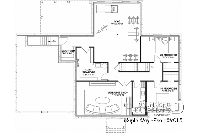 Finished basement (Optional $) - Eco-friendly Farmhouse plan, 2 to 5 beds, home office, 2-car garage, optional finished basement ($) - Maple Way - Eco