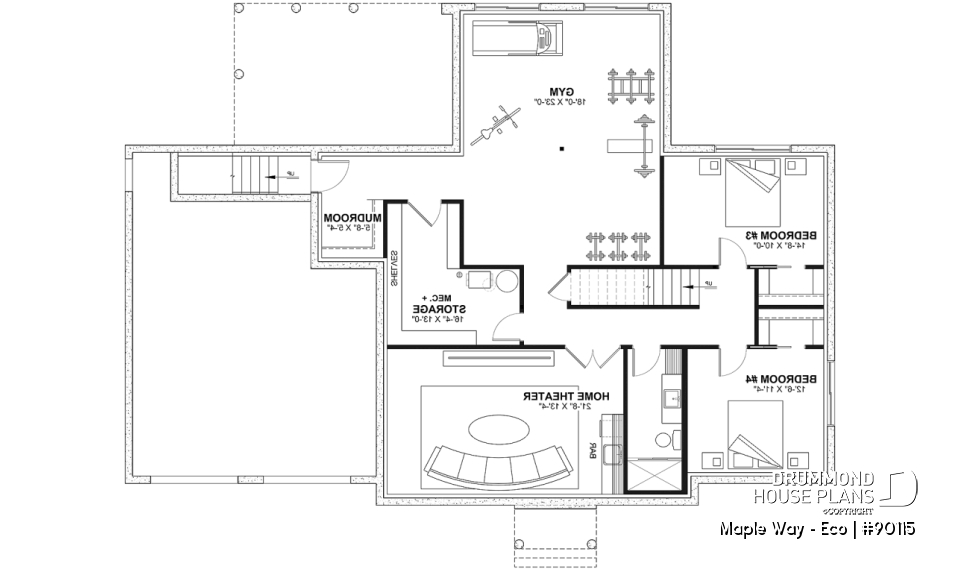 Finished basement (Optional $) - Eco-friendly Farmhouse plan, 2 to 5 beds, home office, 2-car garage, optional finished basement ($) - Maple Way - Eco