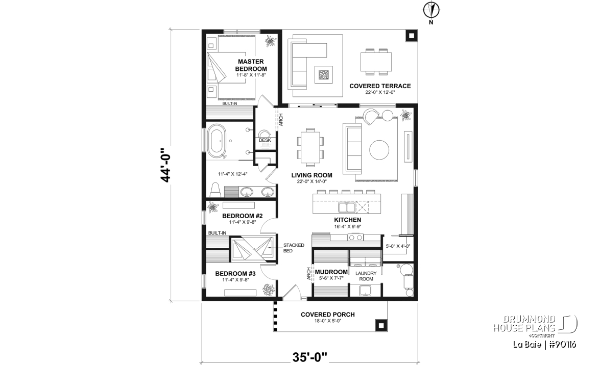 1st level - Eco-friendly single-storey plan, 3 bedrooms, mudroom, open floor plan, sheltered terrace - La Baie