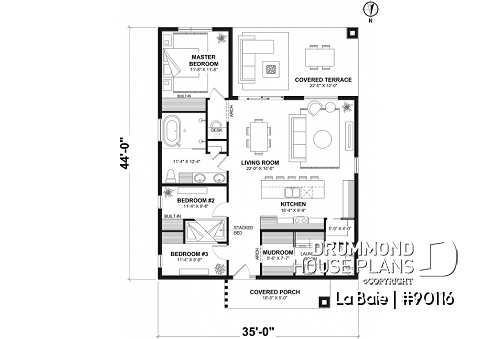 1st level - Eco-friendly single-storey plan, 3 bedrooms, mudroom, open floor plan, sheltered terrace - La Baie