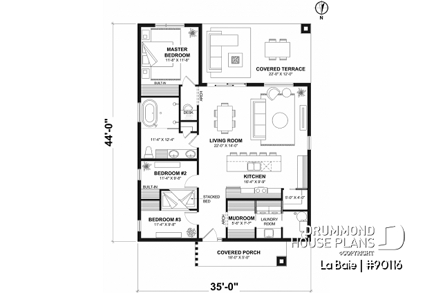 1st level - Eco-friendly single-storey plan, 3 bedrooms, mudroom, open floor plan, sheltered terrace - La Baie