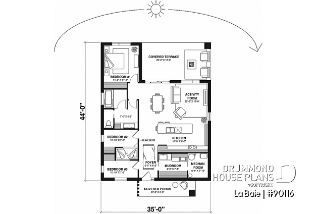 1st level - Eco-friendly single-storey plan, 3 bedrooms, mudroom, open floor plan, sheltered terrace - La Baie