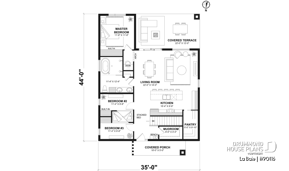 1st level - Basement foundation (Optional $) - Eco-friendly single-storey plan, 3 bedrooms, mudroom, open floor plan, sheltered terrace - La Baie