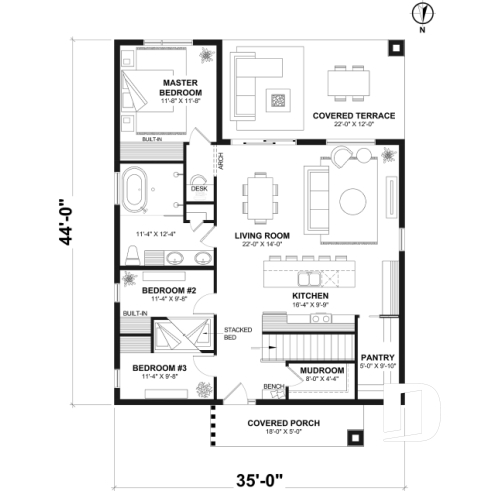 1st level - Basement foundation (Optional $) - Eco-friendly single-storey plan, 3 bedrooms, mudroom, open floor plan, sheltered terrace - La Baie