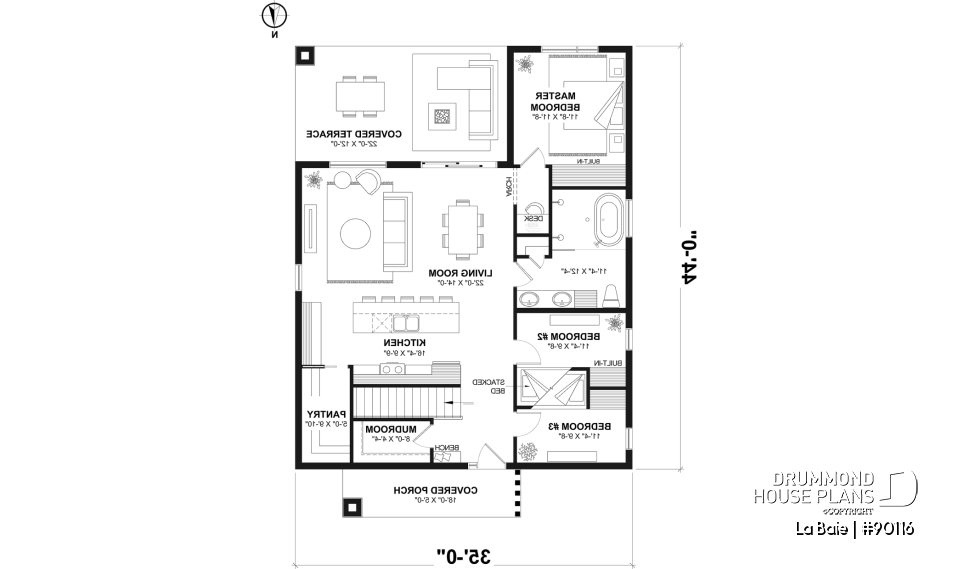1st level - Basement foundation (Optional $) - Eco-friendly single-storey plan, 3 bedrooms, mudroom, open floor plan, sheltered terrace - La Baie