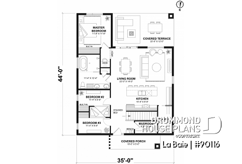 1st level option 1 - Eco-friendly single-storey plan, 3 bedrooms, mudroom, open floor plan, sheltered terrace - La Baie