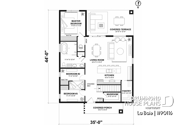 1st level option 1 - Eco-friendly single-storey plan, 3 bedrooms, mudroom, open floor plan, sheltered terrace - La Baie