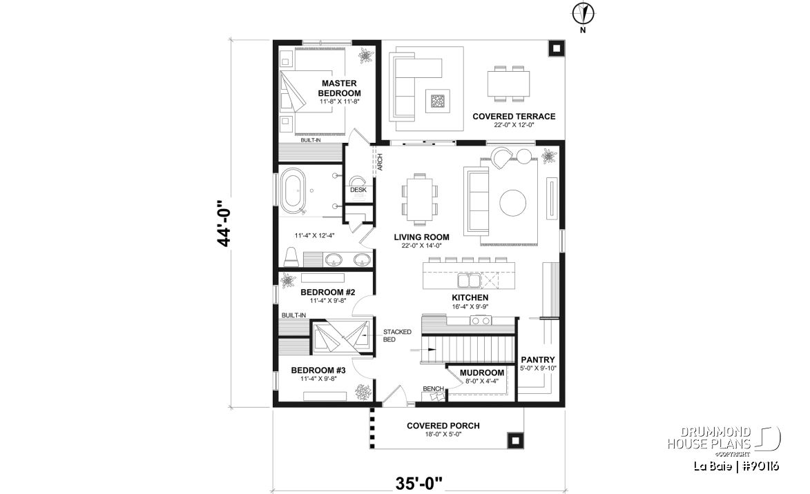1st level (Optional $) - Eco-friendly single-storey plan, 3 bedrooms, mudroom, open floor plan, sheltered terrace - La Baie