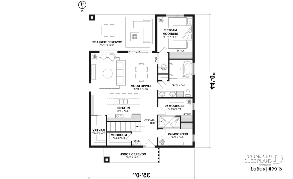 1st level (Optional $) - Eco-friendly single-storey plan, 3 bedrooms, mudroom, open floor plan, sheltered terrace - La Baie