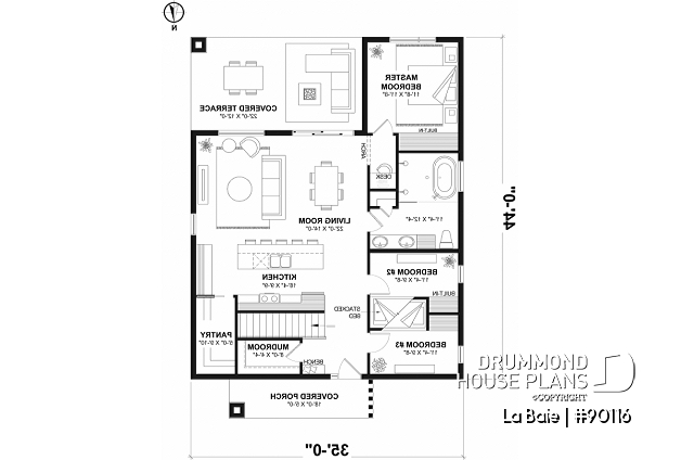 1st level (Optional $) - Eco-friendly single-storey plan, 3 bedrooms, mudroom, open floor plan, sheltered terrace - La Baie