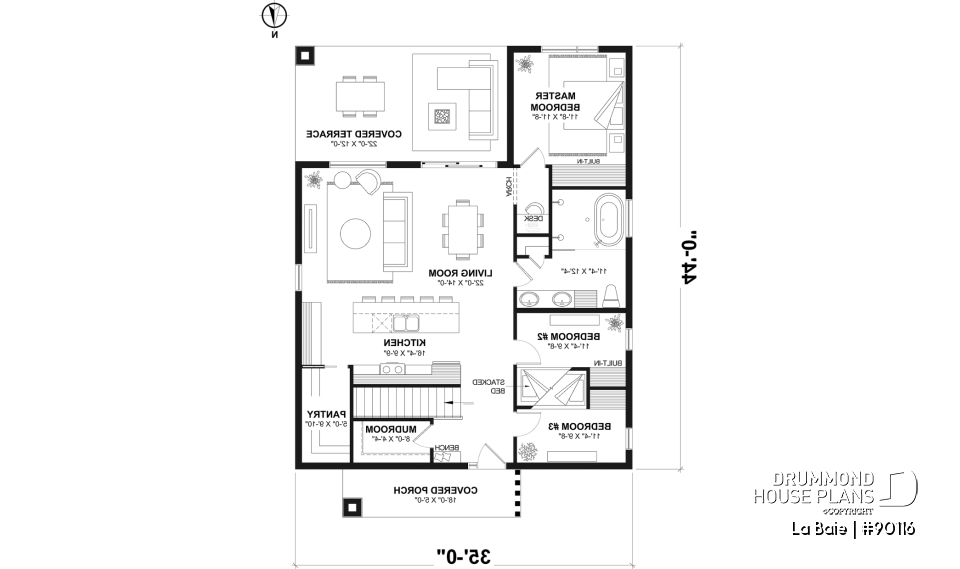 1st level (Optional $) - Eco-friendly single-storey plan, 3 bedrooms, mudroom, open floor plan, sheltered terrace - La Baie