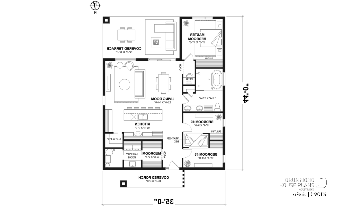 1st level - Eco-friendly single-storey plan, 3 bedrooms, mudroom, open floor plan, sheltered terrace - La Baie