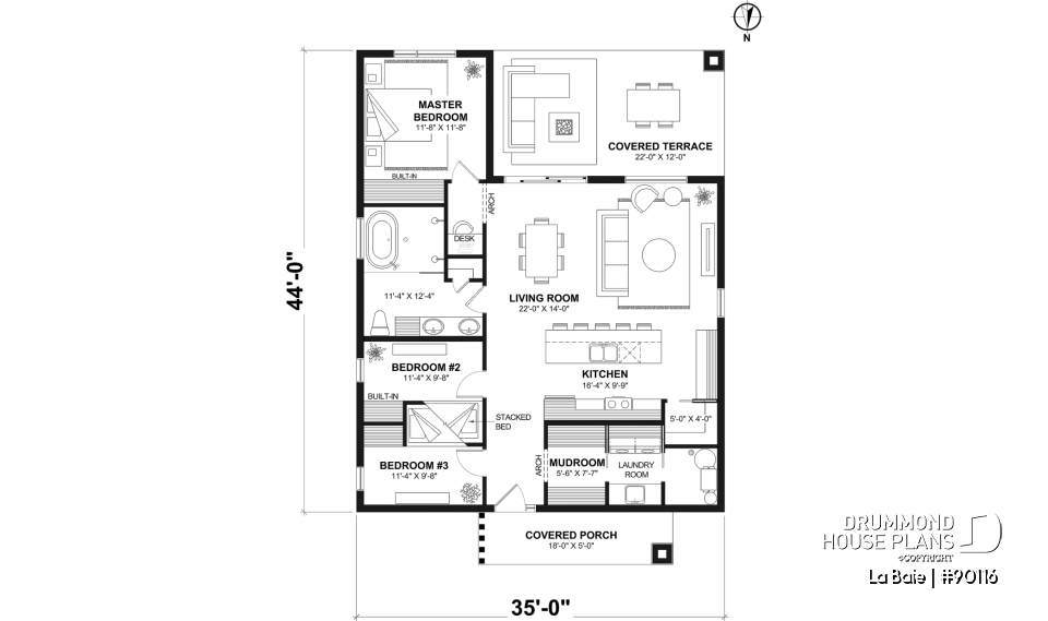 1st level - Slab foundation - Eco-friendly single-storey plan, 3 bedrooms, mudroom, open floor plan, sheltered terrace - La Baie