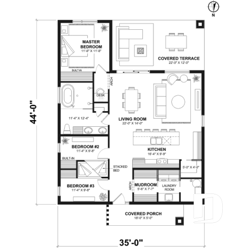 1st level - Slab foundation - Eco-friendly single-storey plan, 3 bedrooms, mudroom, open floor plan, sheltered terrace - La Baie