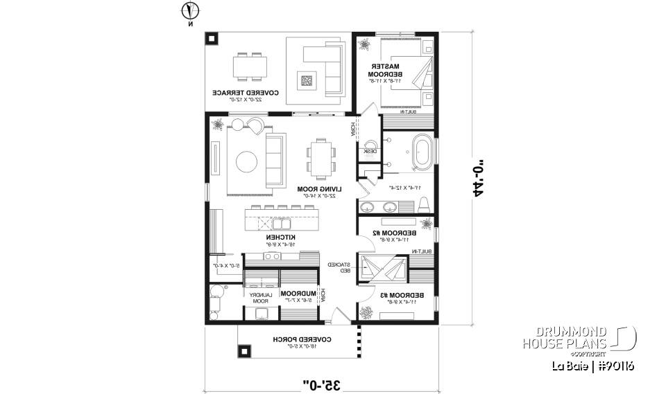 1st level - Slab foundation - Eco-friendly single-storey plan, 3 bedrooms, mudroom, open floor plan, sheltered terrace - La Baie