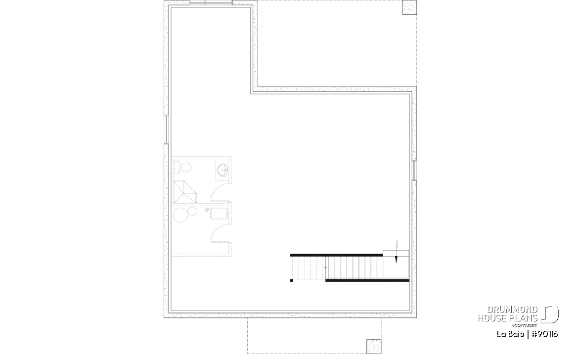 Unfinished basement (Optional $) - Eco-friendly single-storey plan, 3 bedrooms, mudroom, open floor plan, sheltered terrace - La Baie