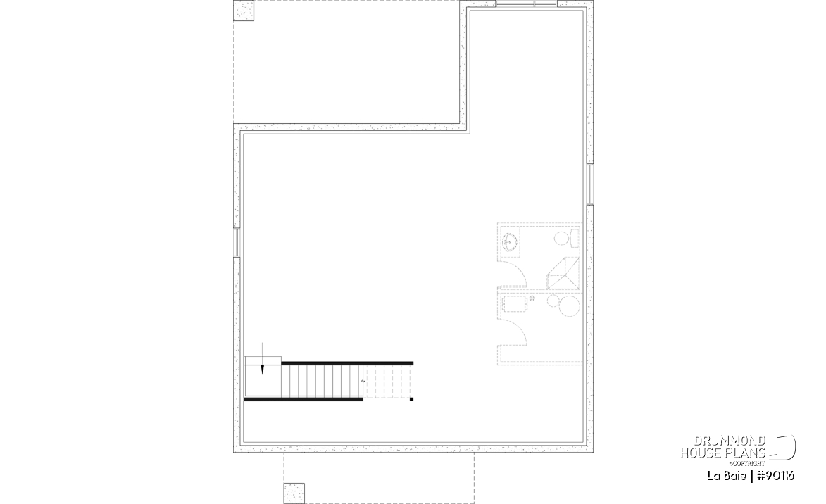 Unfinished basement (Optional $) - Eco-friendly single-storey plan, 3 bedrooms, mudroom, open floor plan, sheltered terrace - La Baie