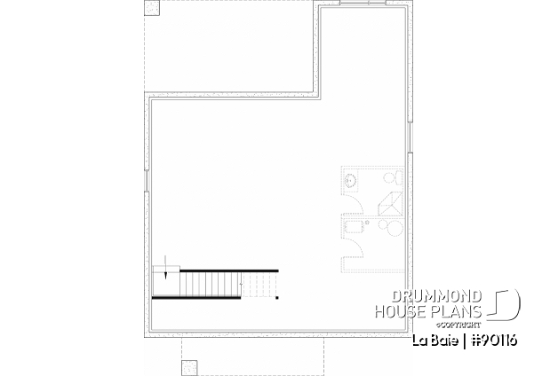 Unfinished basement (Optional $) - Eco-friendly single-storey plan, 3 bedrooms, mudroom, open floor plan, sheltered terrace - La Baie