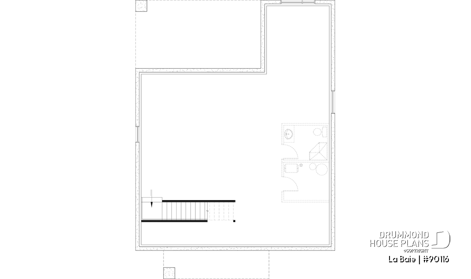 Unfinished basement (Optional $) - Eco-friendly single-storey plan, 3 bedrooms, mudroom, open floor plan, sheltered terrace - La Baie
