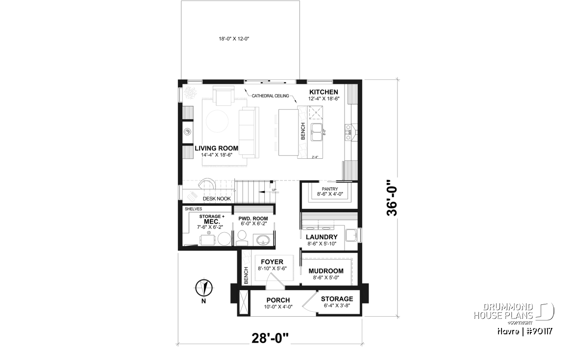 1st level - Eco-friendly house plan with one bedroom, beautiful natural light in the back, and upstairs mezzanine - Havre