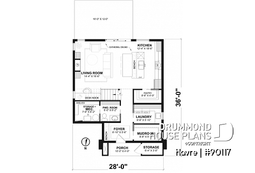 1st level - Eco-friendly house plan with one bedroom, beautiful natural light in the back, and upstairs mezzanine - Havre