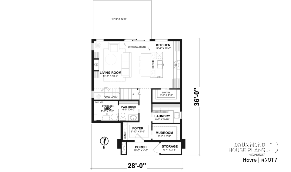 1st level - Eco-friendly house plan with one bedroom, beautiful natural light in the back, and upstairs mezzanine - Havre