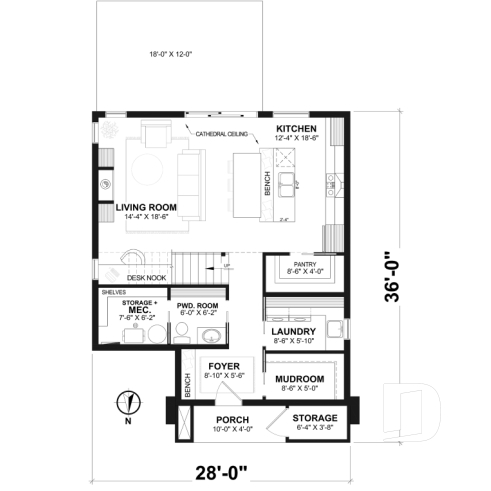 1st level - Eco-friendly house plan with one bedroom, beautiful natural light in the back, and upstairs mezzanine - Havre