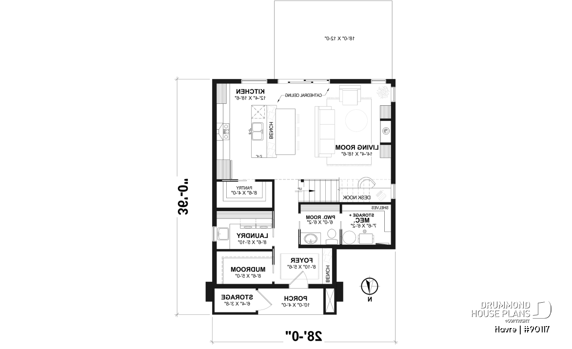 1st level - Eco-friendly house plan with one bedroom, beautiful natural light in the back, and upstairs mezzanine - Havre