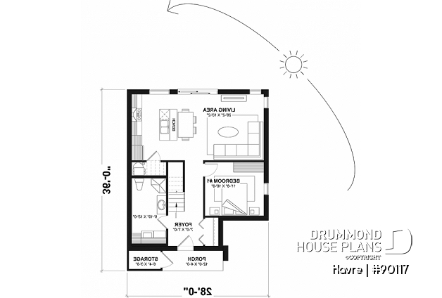 1st level - Eco-friendly house plan with one bedroom, beautiful natural light in the back, and upstairs mezzanine - Havre