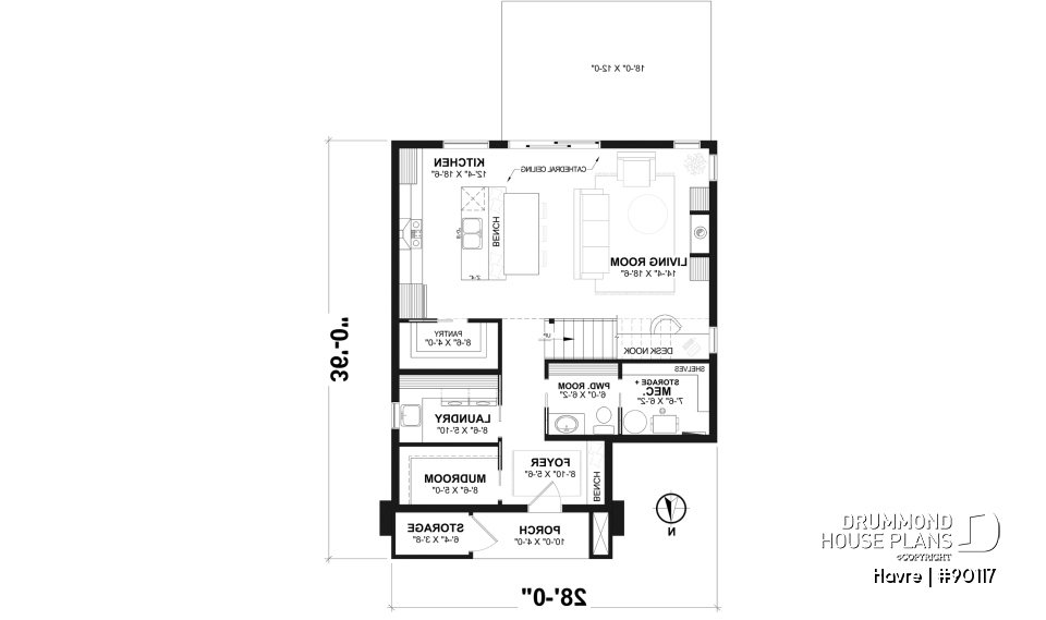 1st level - Eco-friendly house plan with one bedroom, beautiful natural light in the back, and upstairs mezzanine - Havre