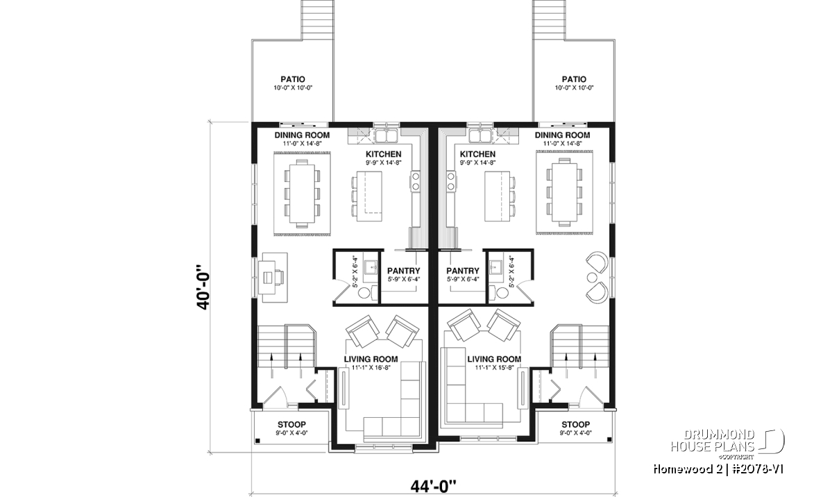 1st level - Semi detached, 3 bedroom, 2 bathroom house plan with laudry room on main, open concept, large kitchen - Homewood 2