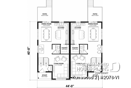 1st level - Semi detached, 3 bedroom, 2 bathroom house plan with laudry room on main, open concept, large kitchen - Homewood 2