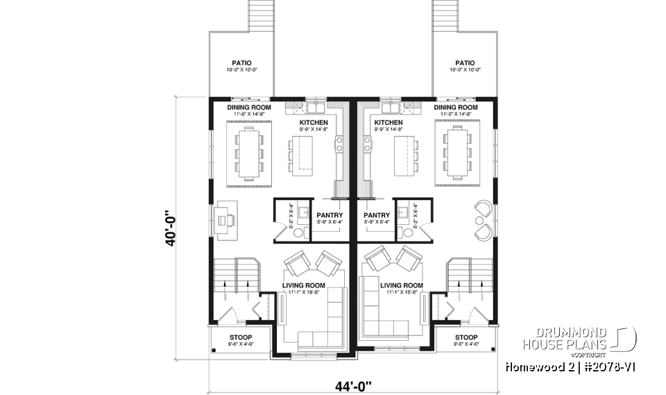 1st level - Semi detached, 3 bedroom, 2 bathroom house plan with laudry room on main, open concept, large kitchen - Homewood 2
