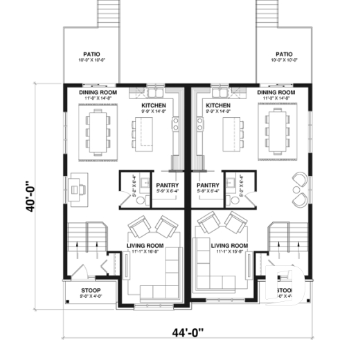 1st level - Semi detached, 3 bedroom, 2 bathroom house plan with laudry room on main, open concept, large kitchen - Homewood 2
