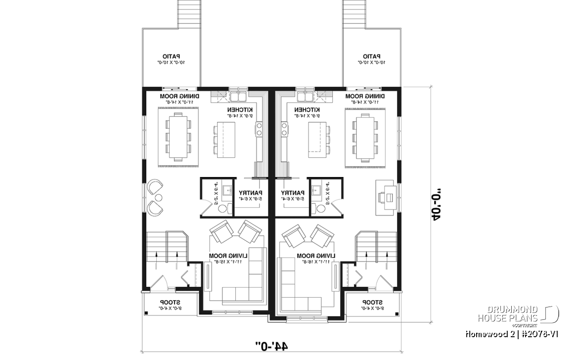 1st level - Semi detached, 3 bedroom, 2 bathroom house plan with laudry room on main, open concept, large kitchen - Homewood 2