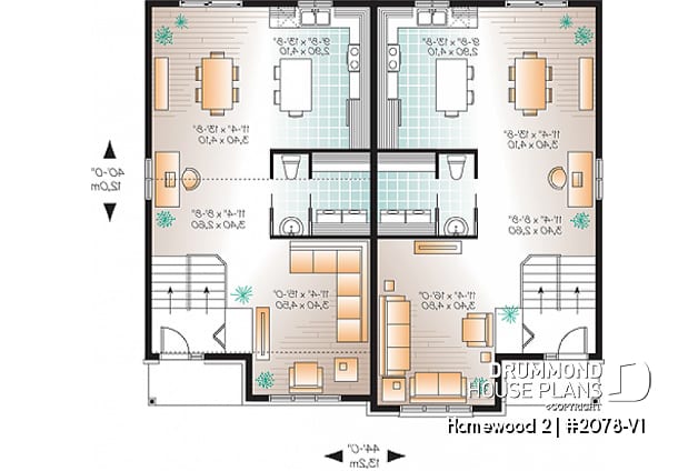 1st level - Semi detached, 3 bedroom, 2 bathroom house plan with laudry room on main, open concept, large kitchen - Homewood 2
