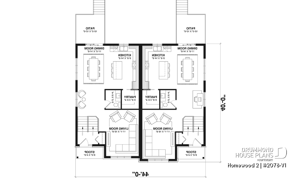 1st level - Semi detached, 3 bedroom, 2 bathroom house plan with laudry room on main, open concept, large kitchen - Homewood 2