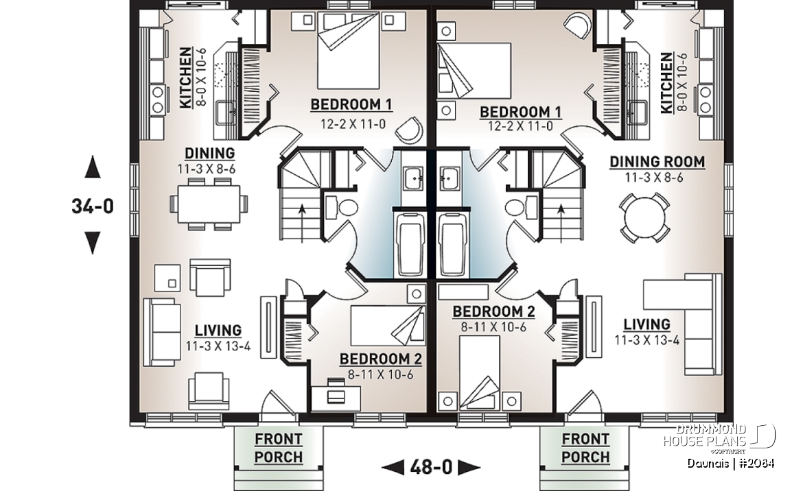 1st level - Duplex house plan with 2 bedrooms per unit, and open floor plan concept, unfinished basement - Daunais